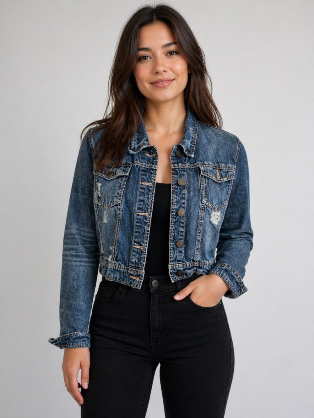 rue21 Cropped Denim Jacket Distressed Blue Jean Jacket Size Small
